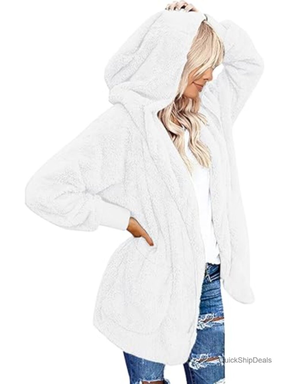 Women's Fuzzy Sherpa Hooded Cardigan Open Front Fleece Coat with Pockets